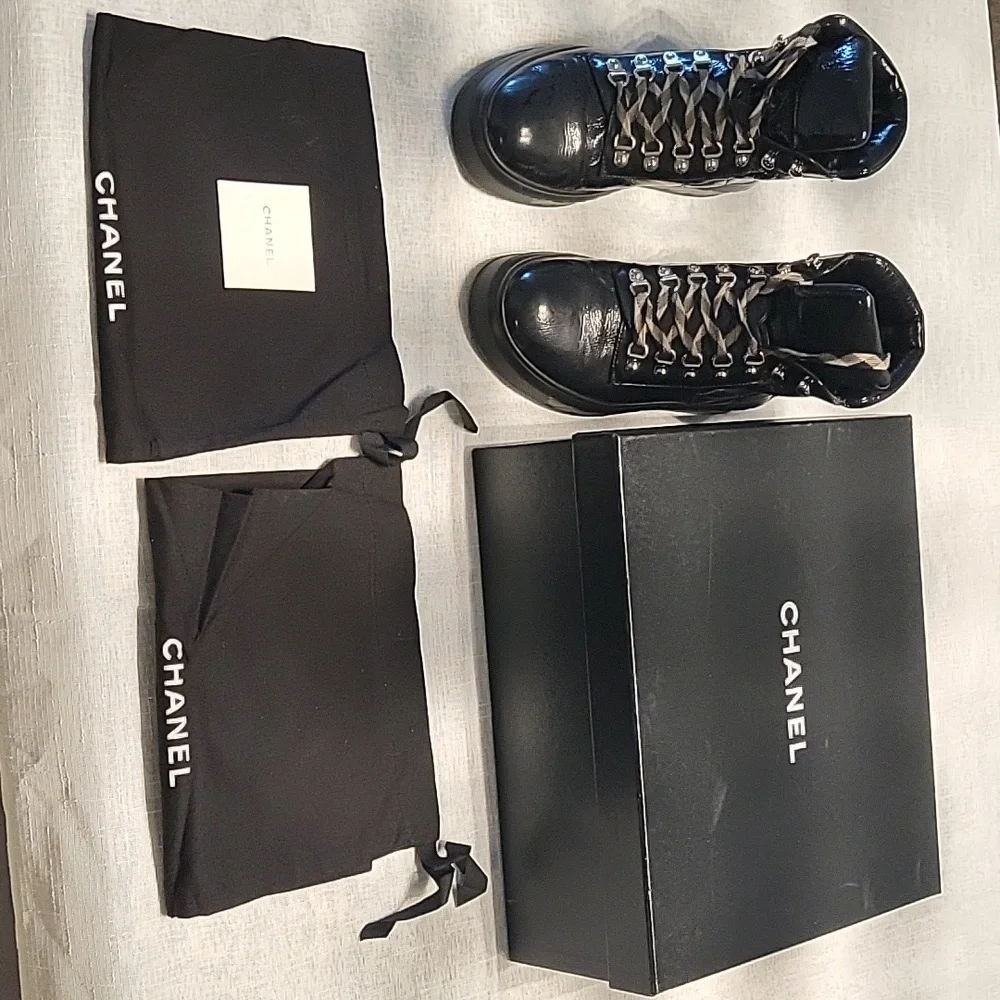 CHANEL Black Patent Leather High-Top Sneakers